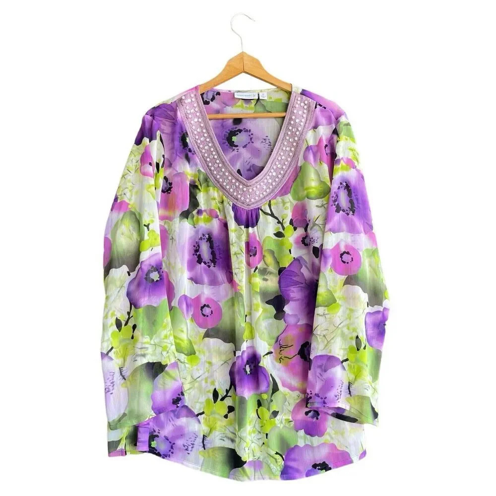 SUSAN GRAVER Tunic Top Floral Chiffon Crinkled Sheer Jewel Beads Long Sleeve 2X